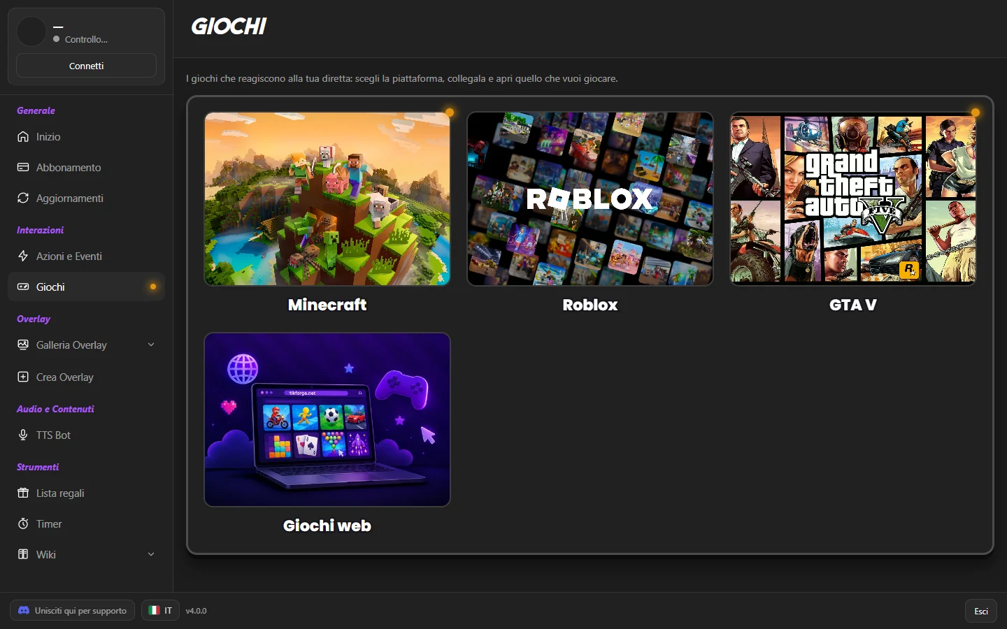 L’app TikForge aperta sulla pagina Giochi